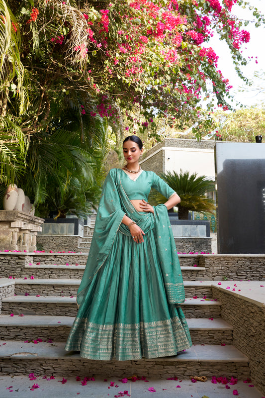 See Green Color Plain With Zari Weaving Work Border Chanderi Wedding Lehenga Choli
