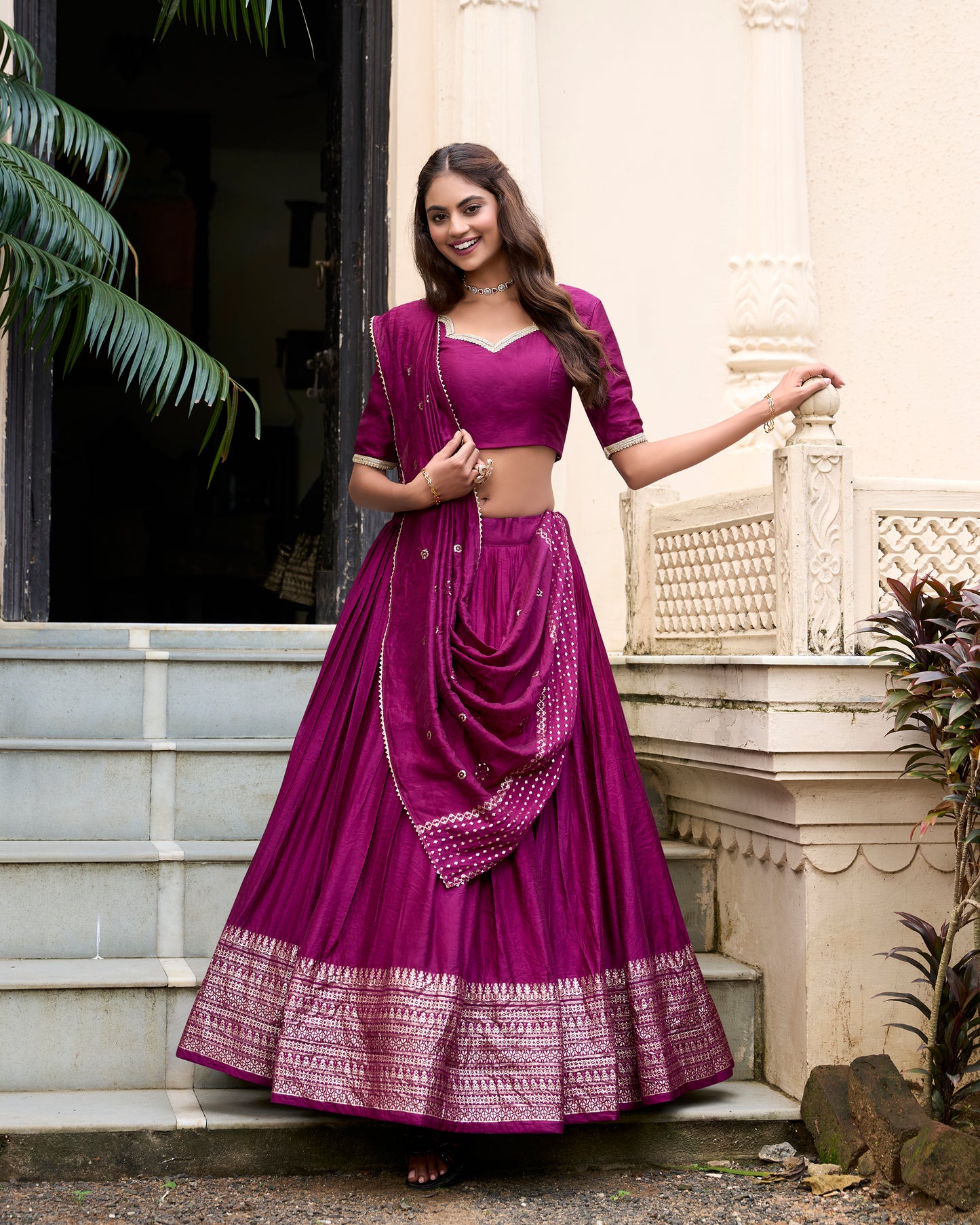 Wine Color Plain With Zari Weaving Work Chanderi Lehenga Choli
