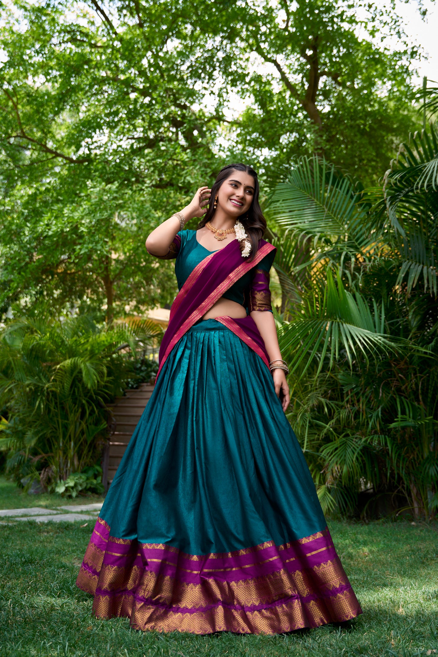 Teal Color Zari Weaving Work Cotton Lehenga Choli