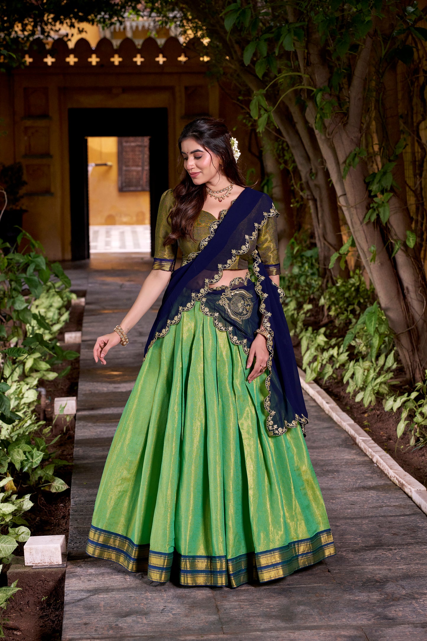 Navy Blue Color Sequince And Thread Embroidery Work Kanchipuram Lehenga Choli