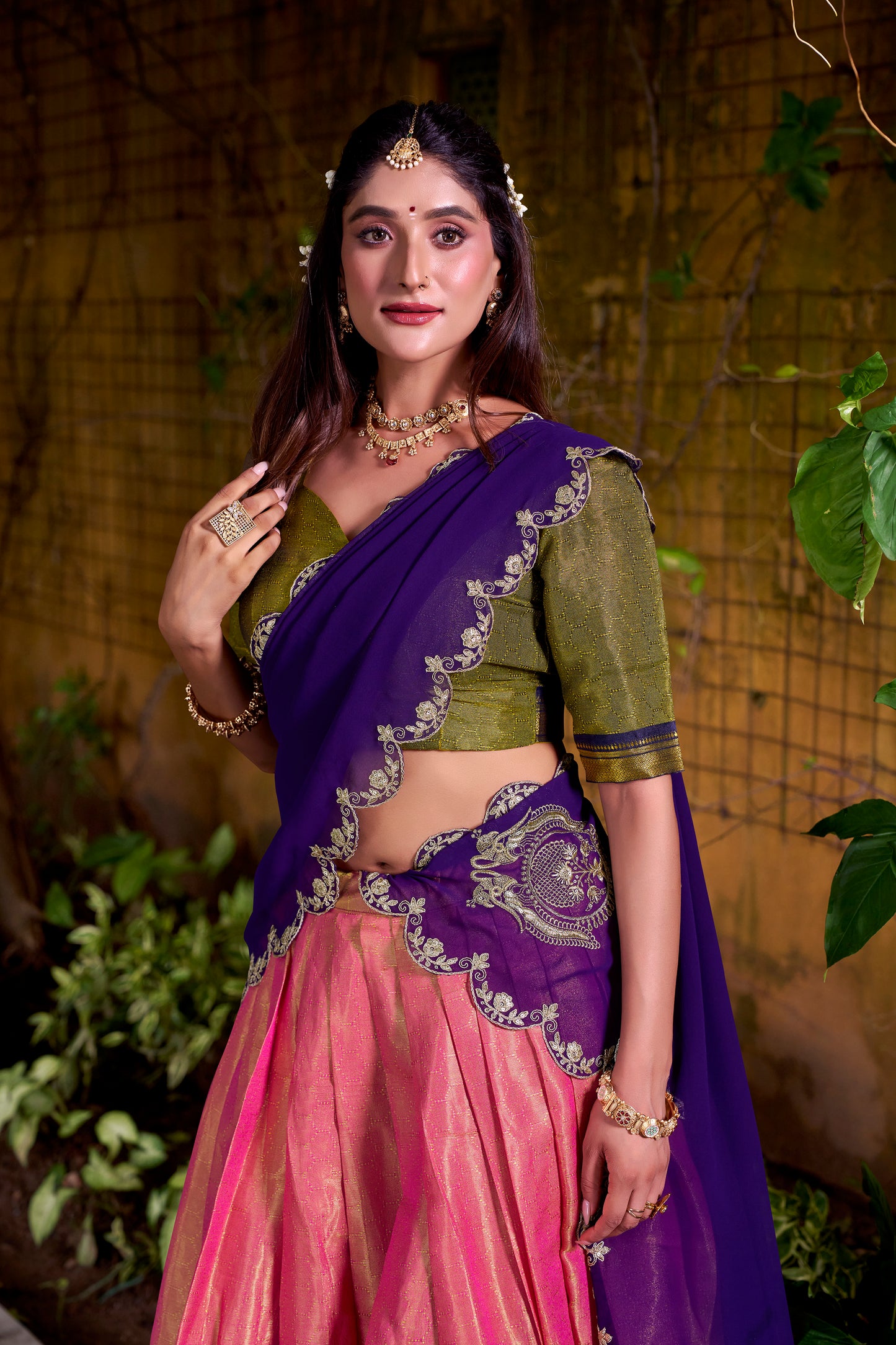 Purple Color Sequince And Thread Embroidery Work Kanchipuram Lehenga Choli