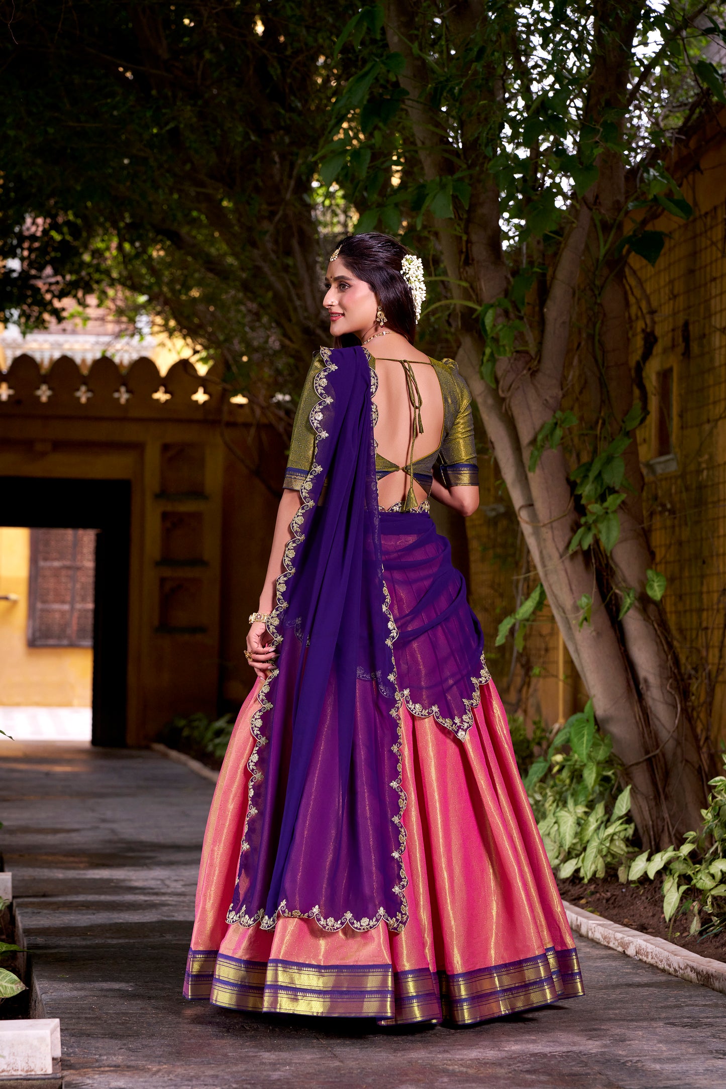 Purple Color Sequince And Thread Embroidery Work Kanchipuram Lehenga Choli