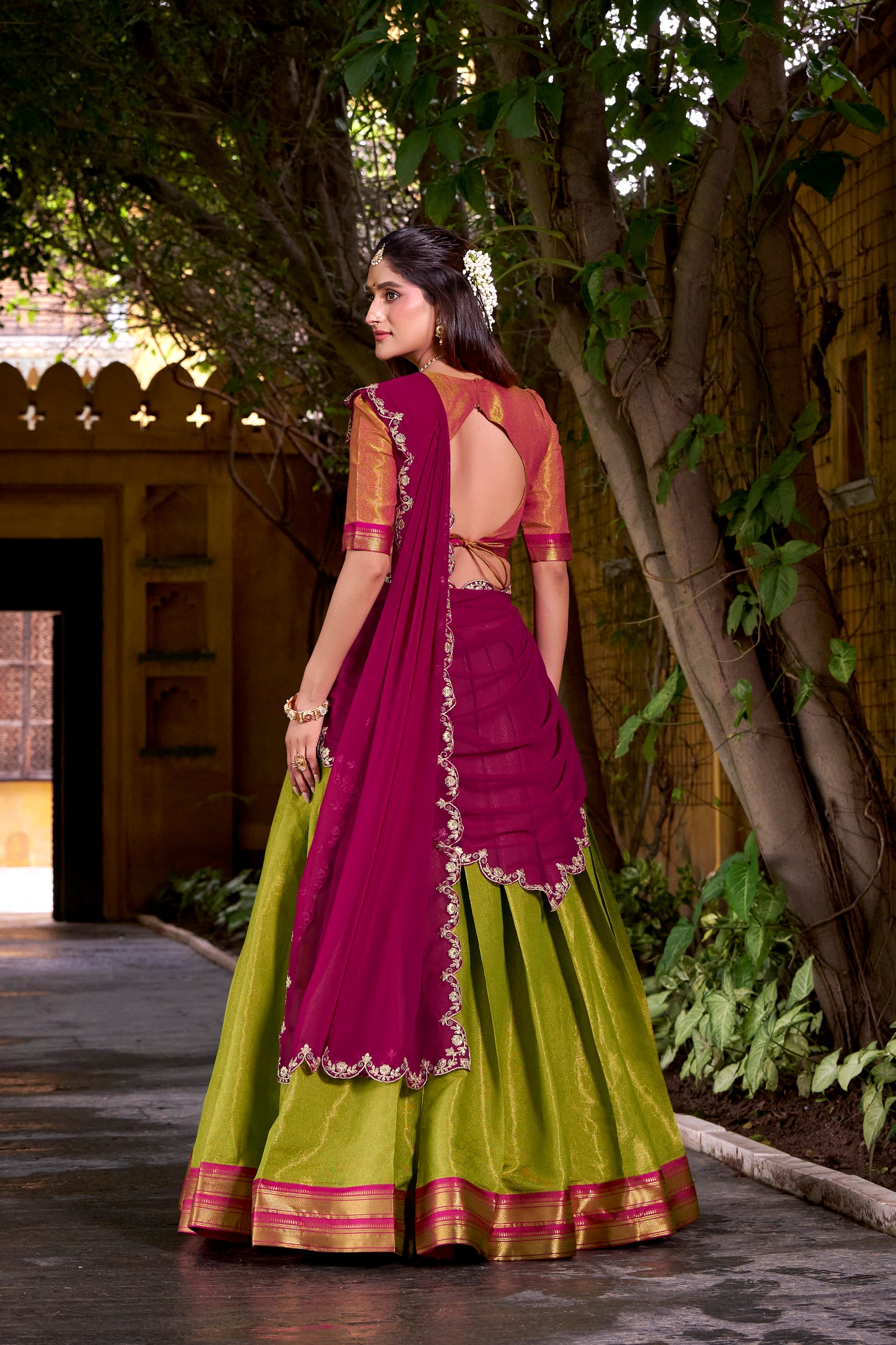 Rani Pink Color Sequince And Thread Embroidery Work Kanchipuram Lehenga Choli