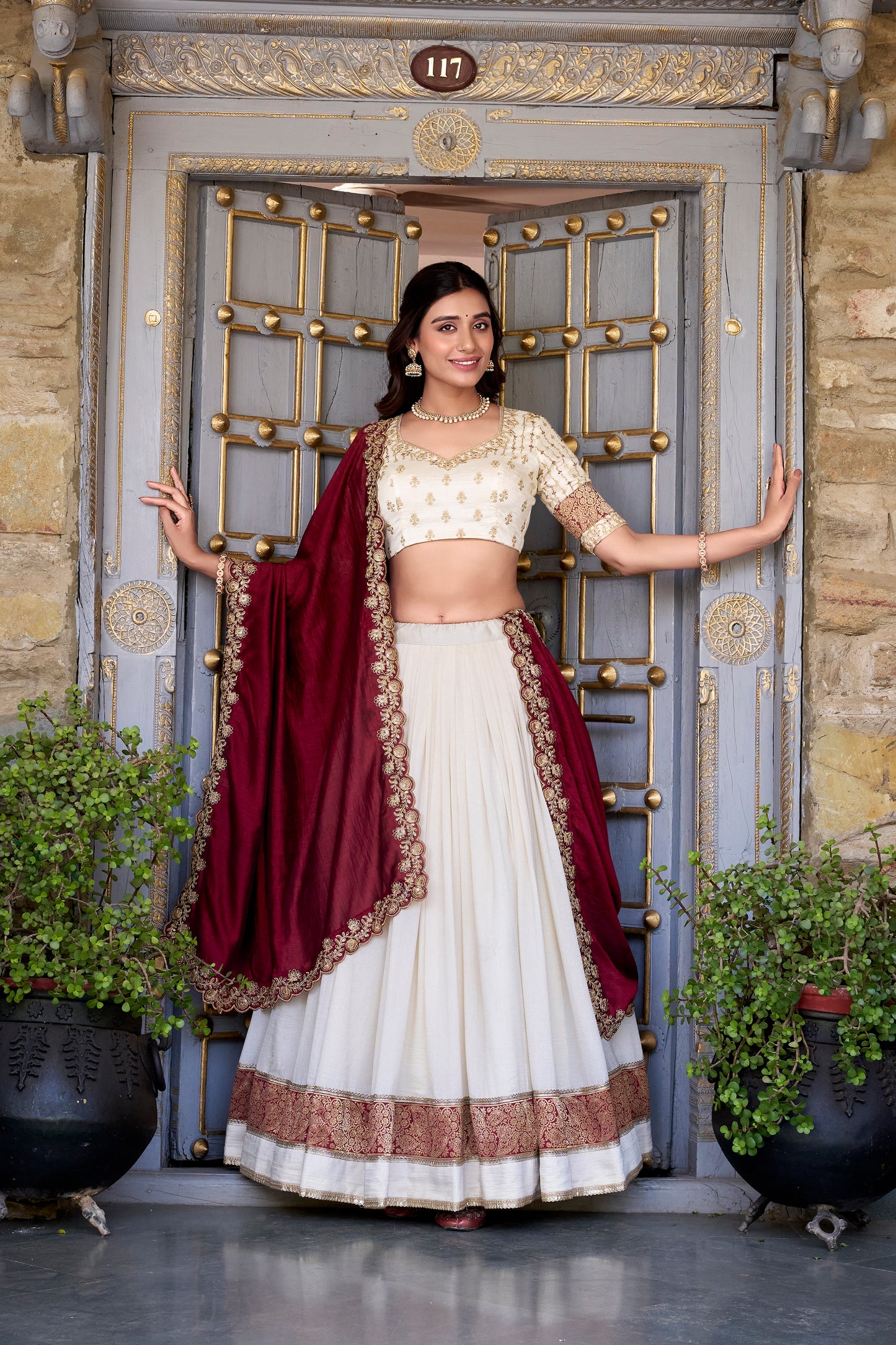 Off White Color Zari Weaving Work Lace Border Vichitra Silk Lehenga Choli