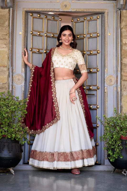 Off White Color Zari Weaving Work Lace Border Vichitra Silk Lehenga Choli