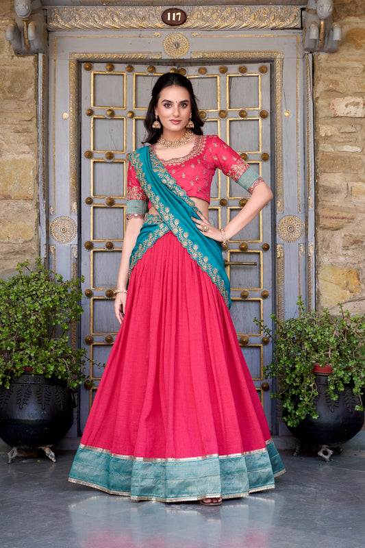 Pink Color Zari Weaving Work Lace Border Vichitra Silk Lehenga Choli