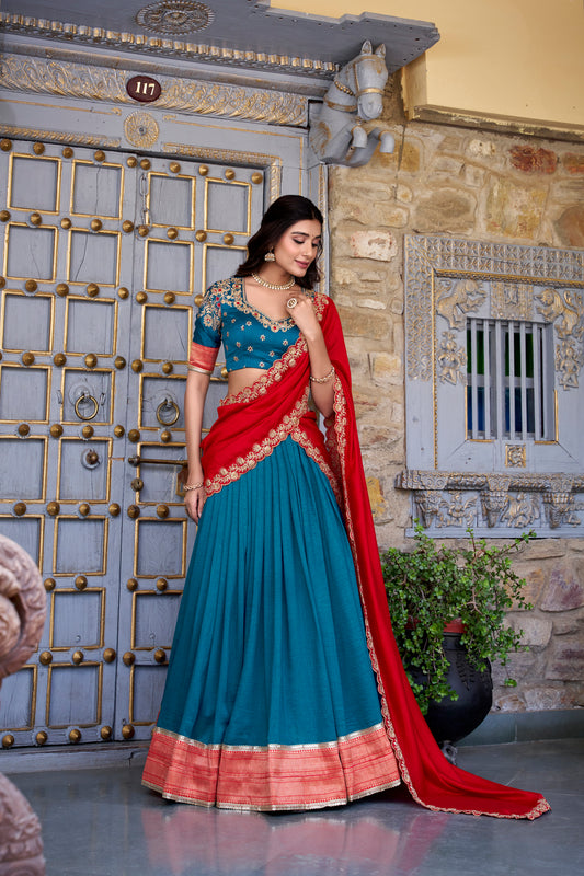 Teal Color Zari Weaving Work Lace Border Vichitra Silk Lehenga Choli