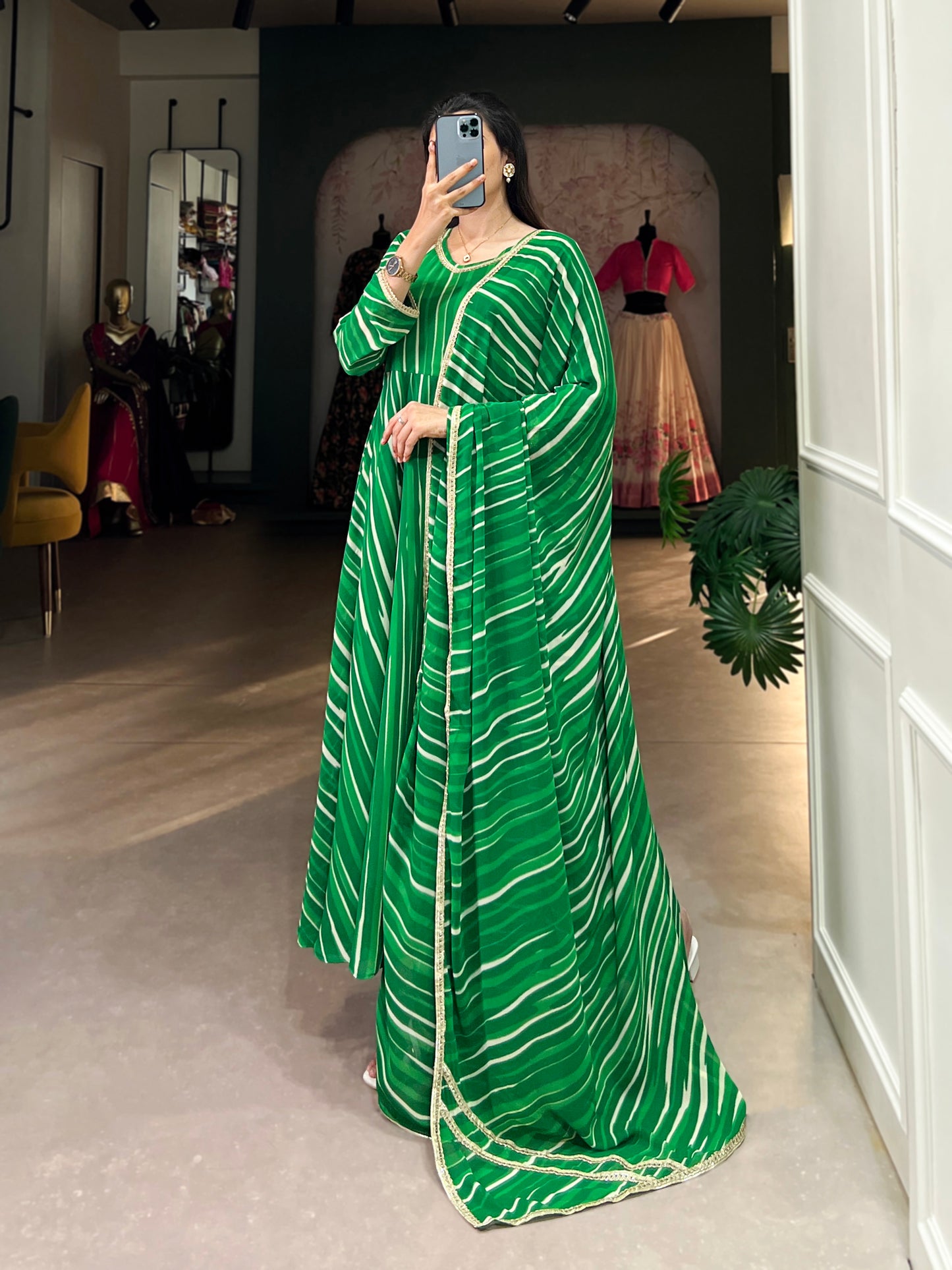 Green Color Leheriya With Lace Touch Up Georgette Gown