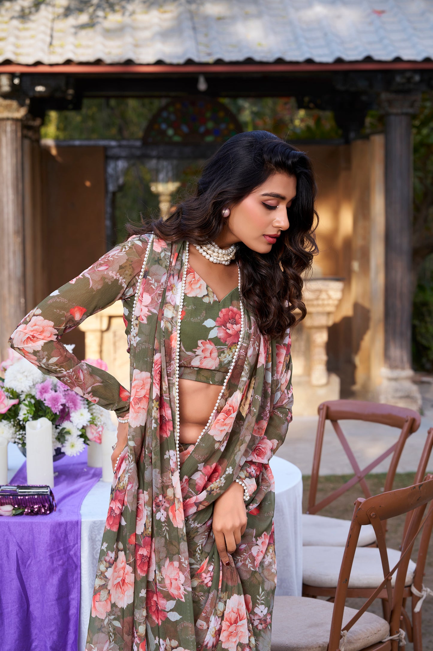 Mehendi Color Weightless Marbal Printed With Pearl Lace Border