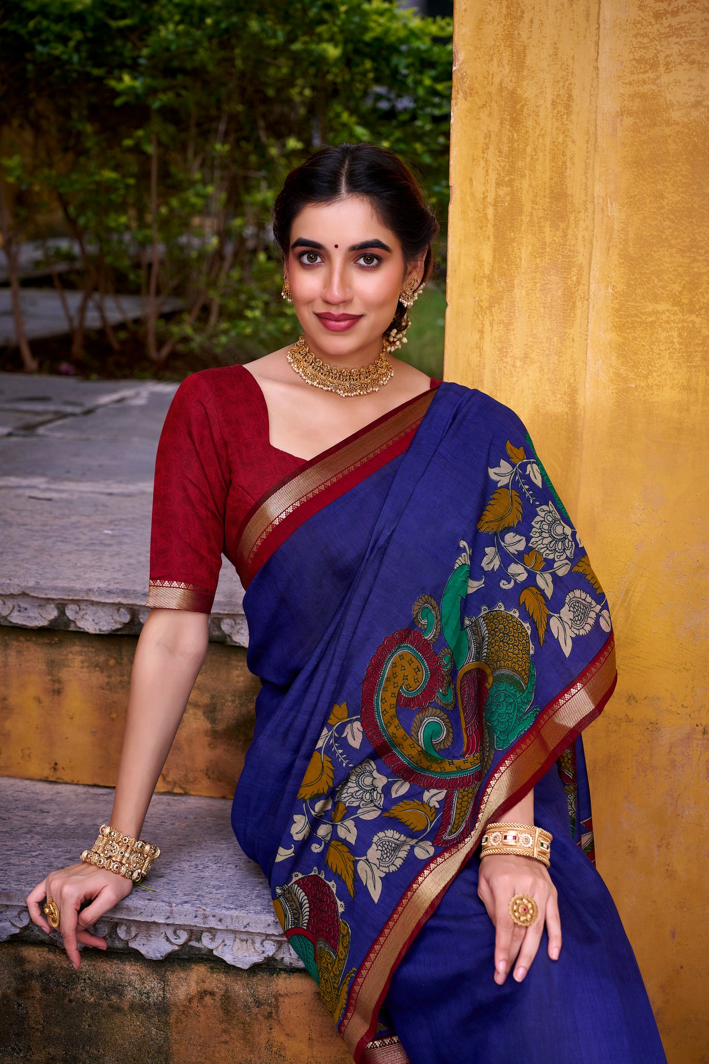 Blue Color  Polyester Viscose Chanderi  Kalamkari Print With Zari Weaving Work
