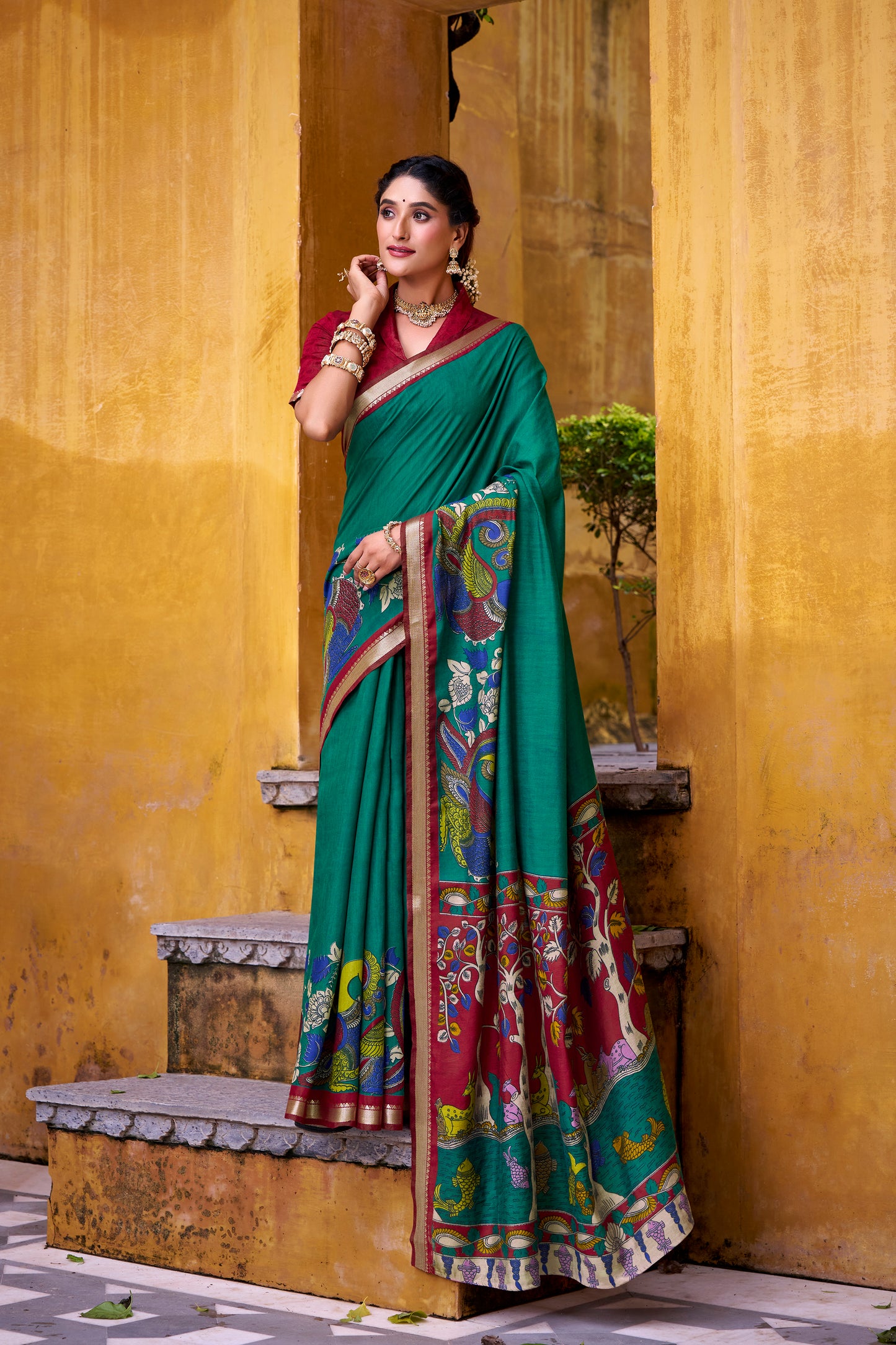 Firozi Color  Polyester Viscose Chanderi  Kalamkari Print With Zari Weaving Work