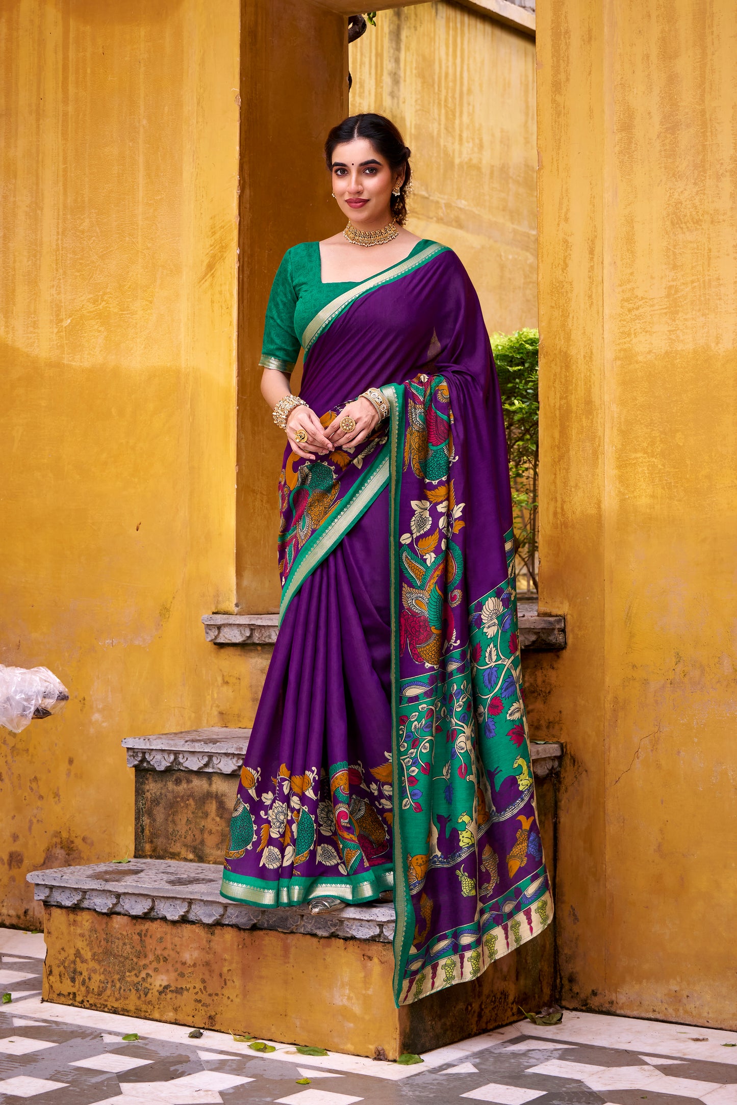 Purple Color  Polyester Viscose Chanderi  Kalamkari Print With Zari Weaving Work