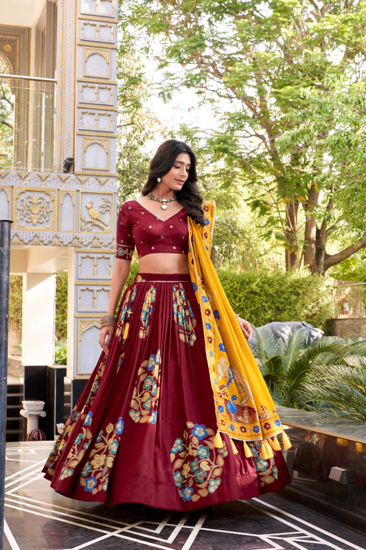 Maroon Color Printed And Foil Work Tussar Silk Lehenga Choli