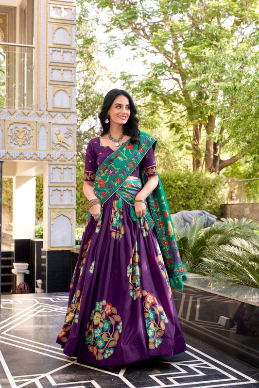 Purple Color Printed And Foil Work Tussar Silk Lehenga Choli