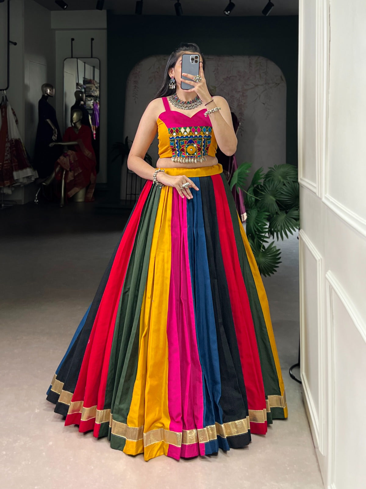 Multi Color Embossed Lace Design Cotton Lehenga Choli