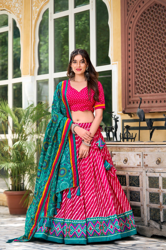 Pink Color Leheriya With Patola Print Tussar Silk Lehenga Choli