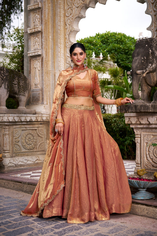 Rust Orange Color Sequins And Thread Embroidery Work Belt Fendi Lehenga Choli