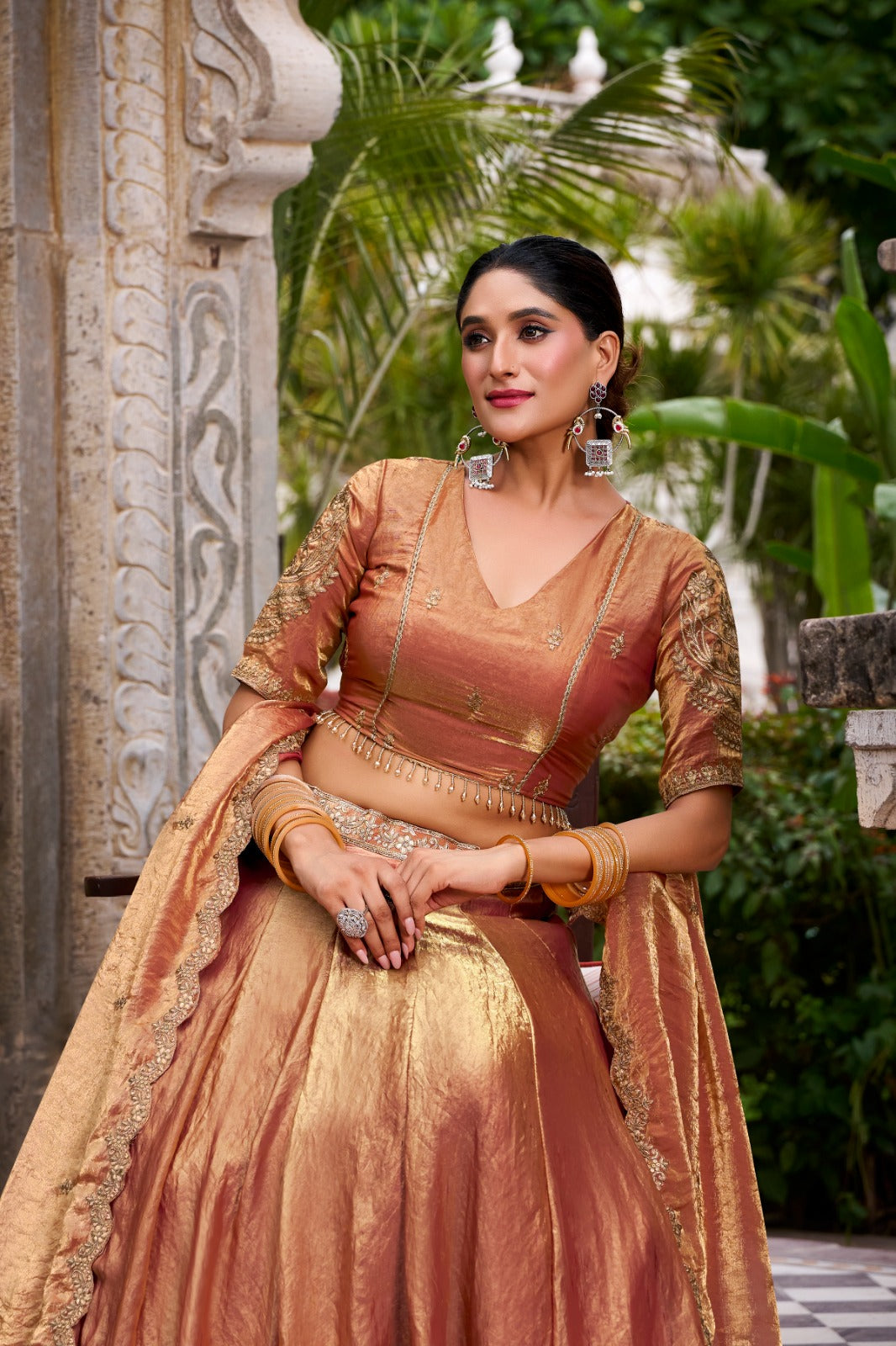 Rust Orange Color Sequins And Thread Embroidery Work Belt Fendi Lehenga Choli