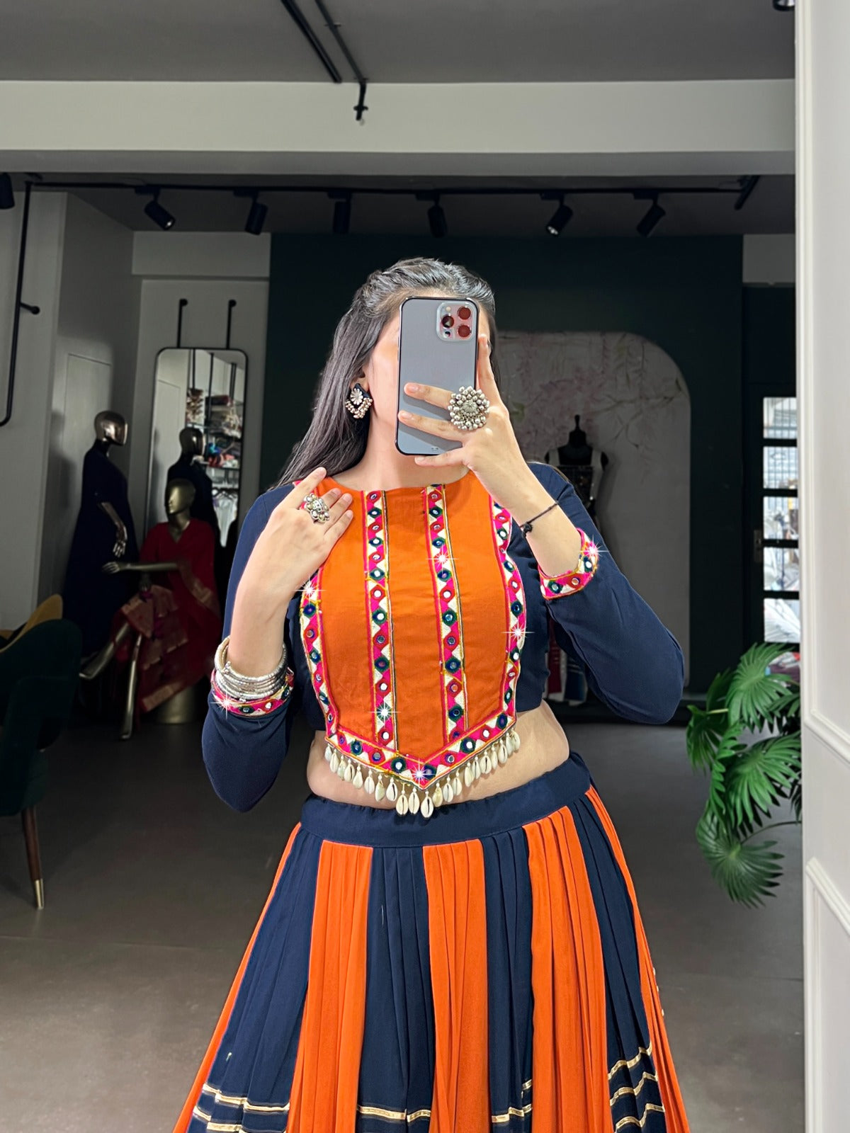 Navy Blue Color Embossed Design Rayon Chaniya Choli