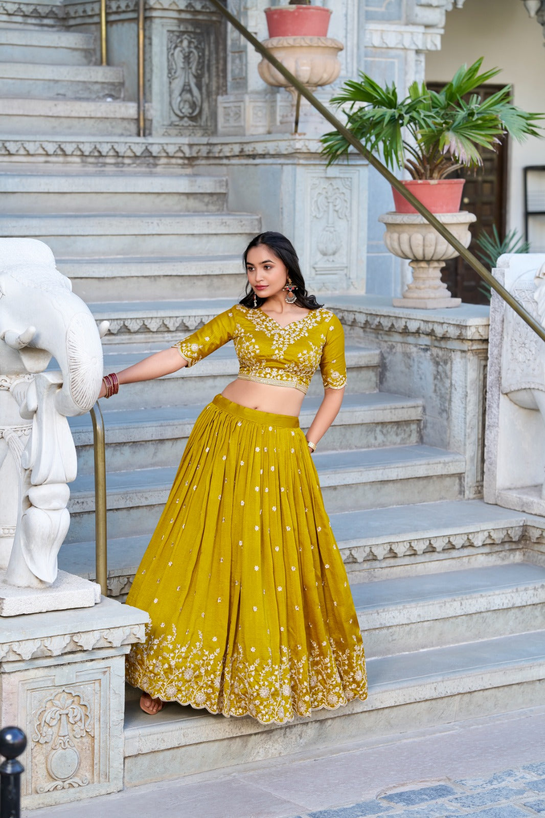 Mustard Color Sequins And Thread Embroidery Work With Vichitra Silk Lehenga Choli