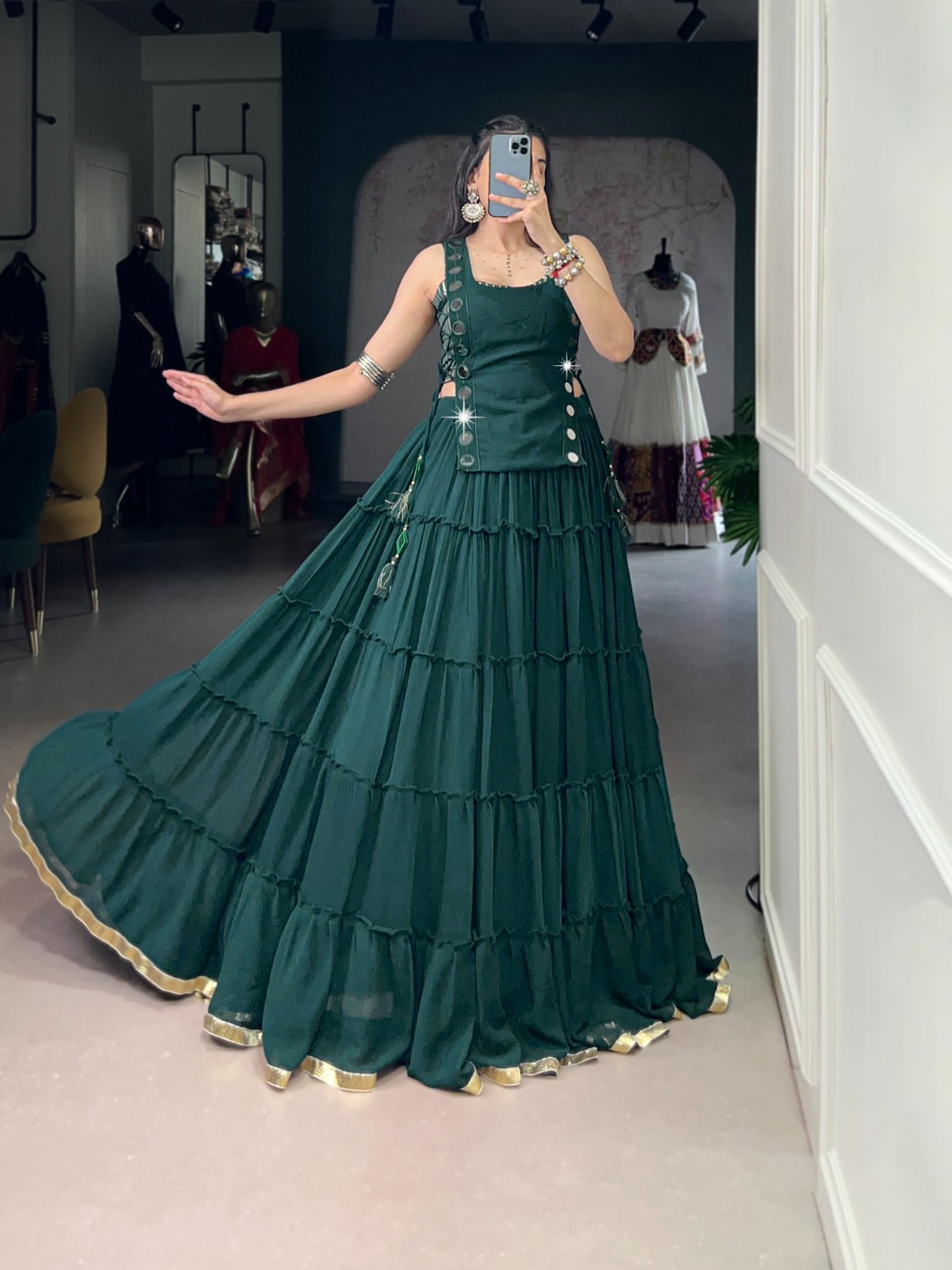 Green Color Embossed Design Lace Border Marbal Chaniya Choli