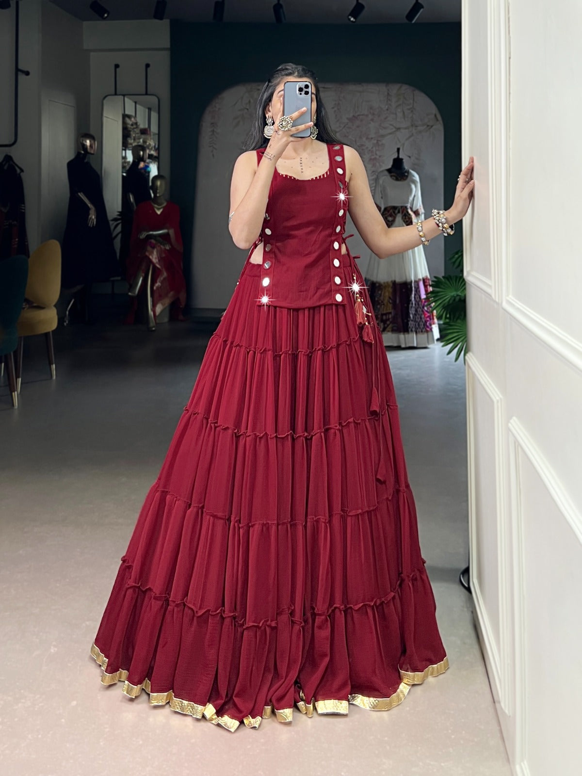 Red Color Embossed Design Lace Border Marbal Chaniya Choli