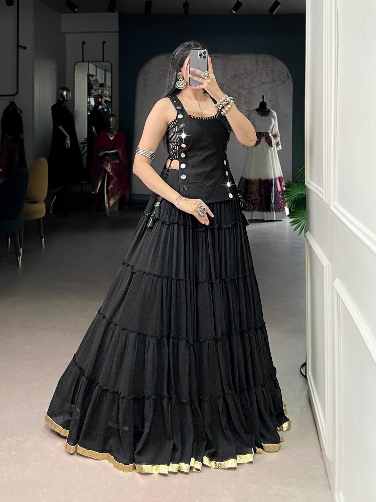 Black Color Embossed Design Lace Border Marbal Chaniya Choli