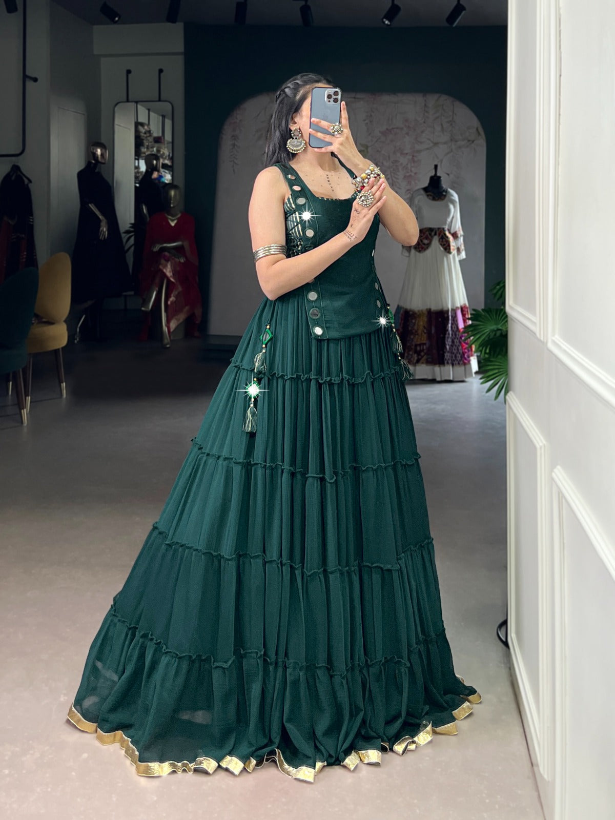 Green Color Embossed Design Lace Border Marbal Chaniya Choli