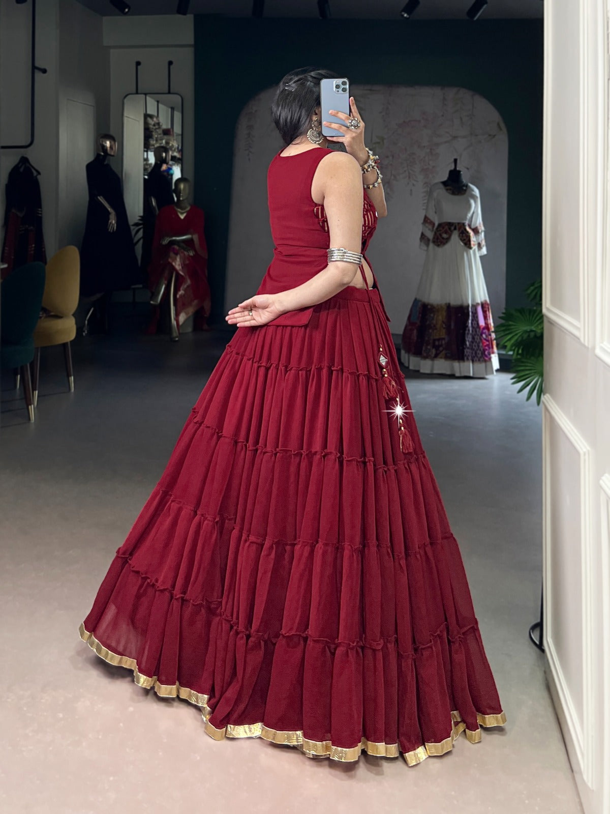 Red Color Embossed Design Lace Border Marbal Chaniya Choli