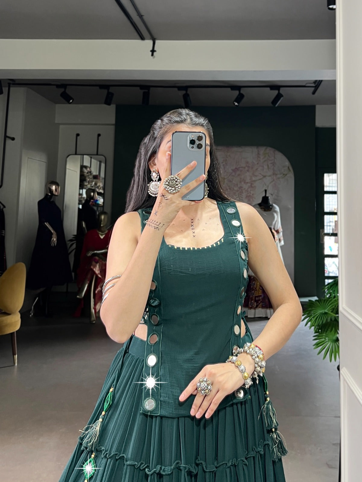 Green Color Embossed Design Lace Border Marbal Chaniya Choli