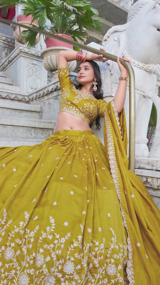 Mustard Color Sequins And Thread Embroidery Work With Vichitra Silk Lehenga Choli