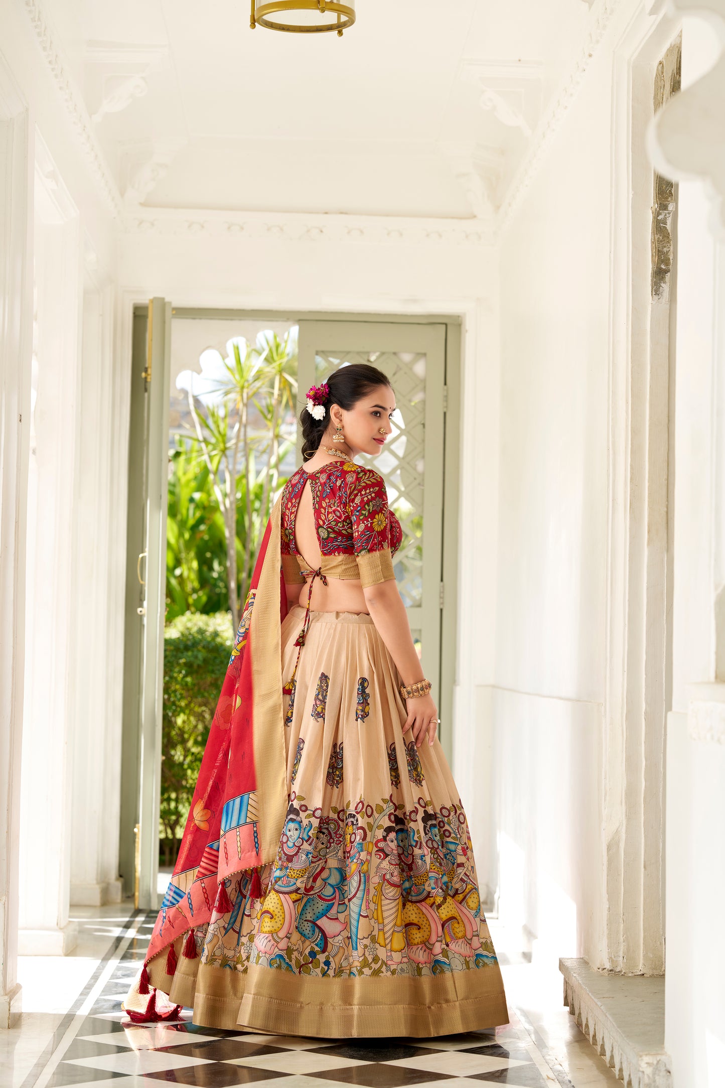 Cream Color Kalamkari Print With Weaving Border Dola Silk Lehenga Choli