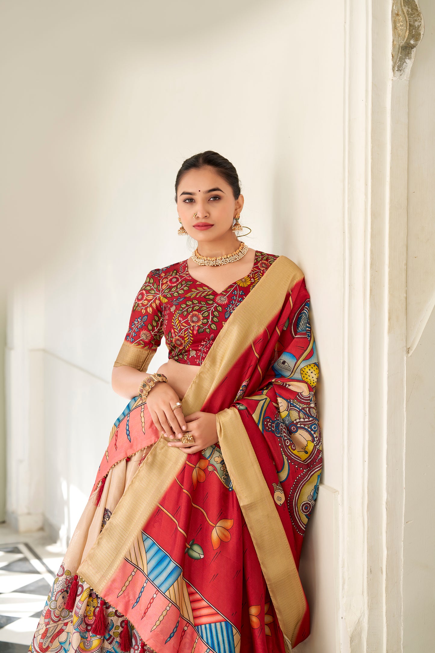 Cream Color Kalamkari Print With Weaving Border Dola Silk Lehenga Choli