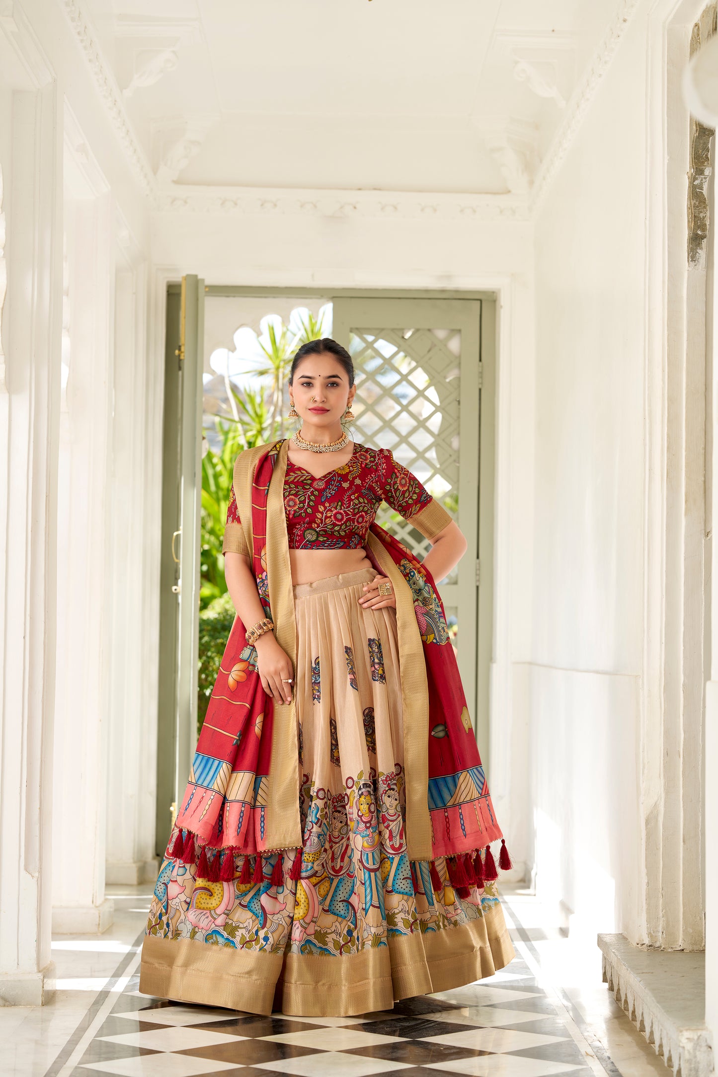 Cream Color Kalamkari Print With Weaving Border Dola Silk Lehenga Choli