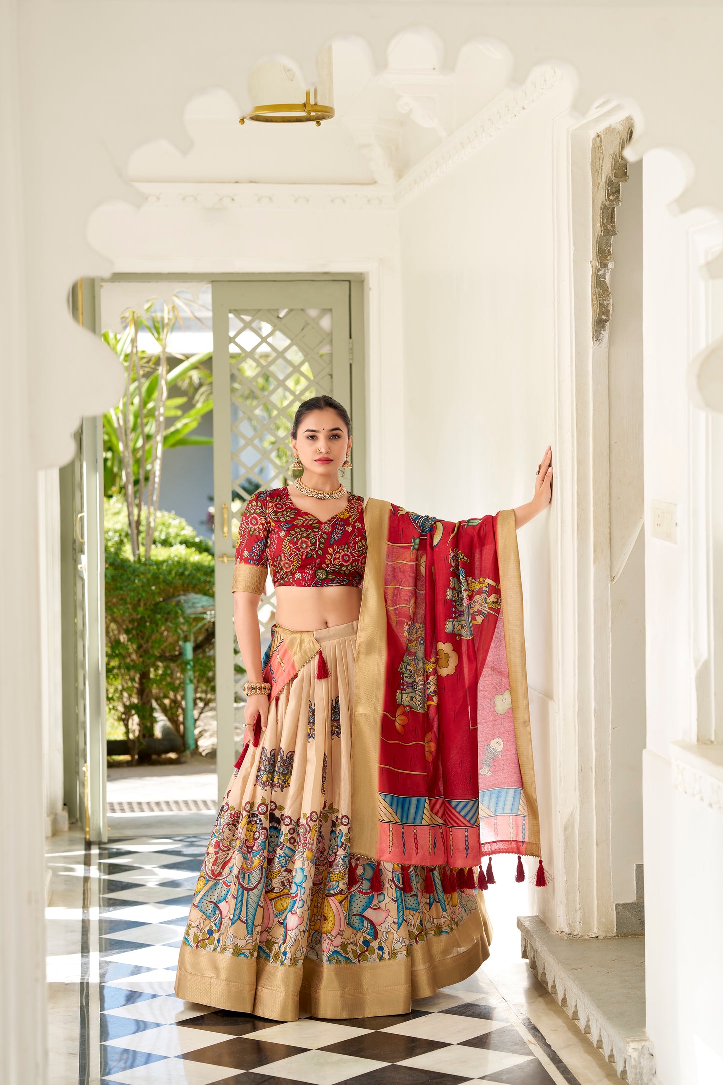 Cream Color Kalamkari Print With Weaving Border Dola Silk Lehenga Choli