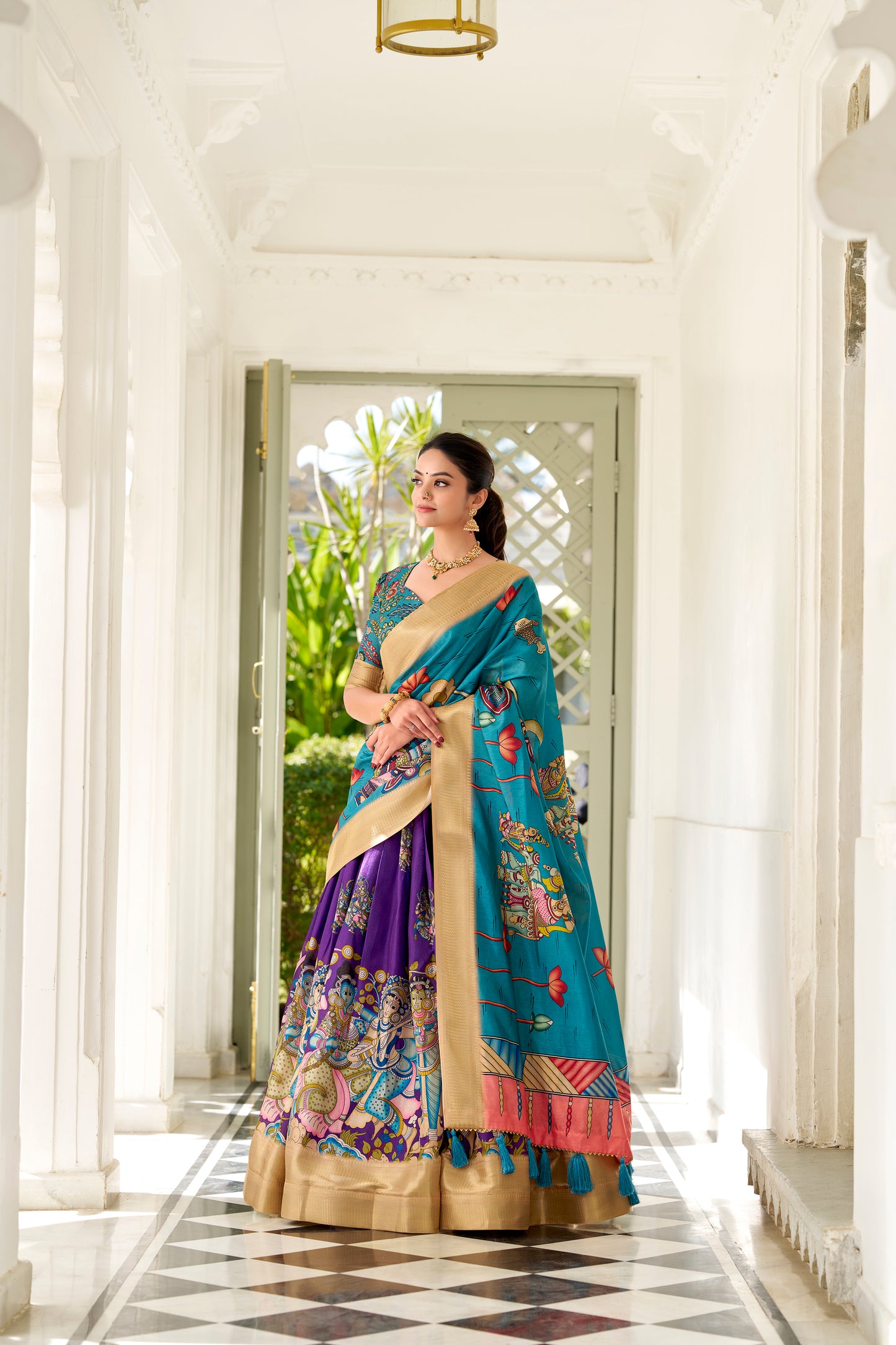 Purple Color Kalamkari Print With Weaving Border Dola Silk Lehenga Choli