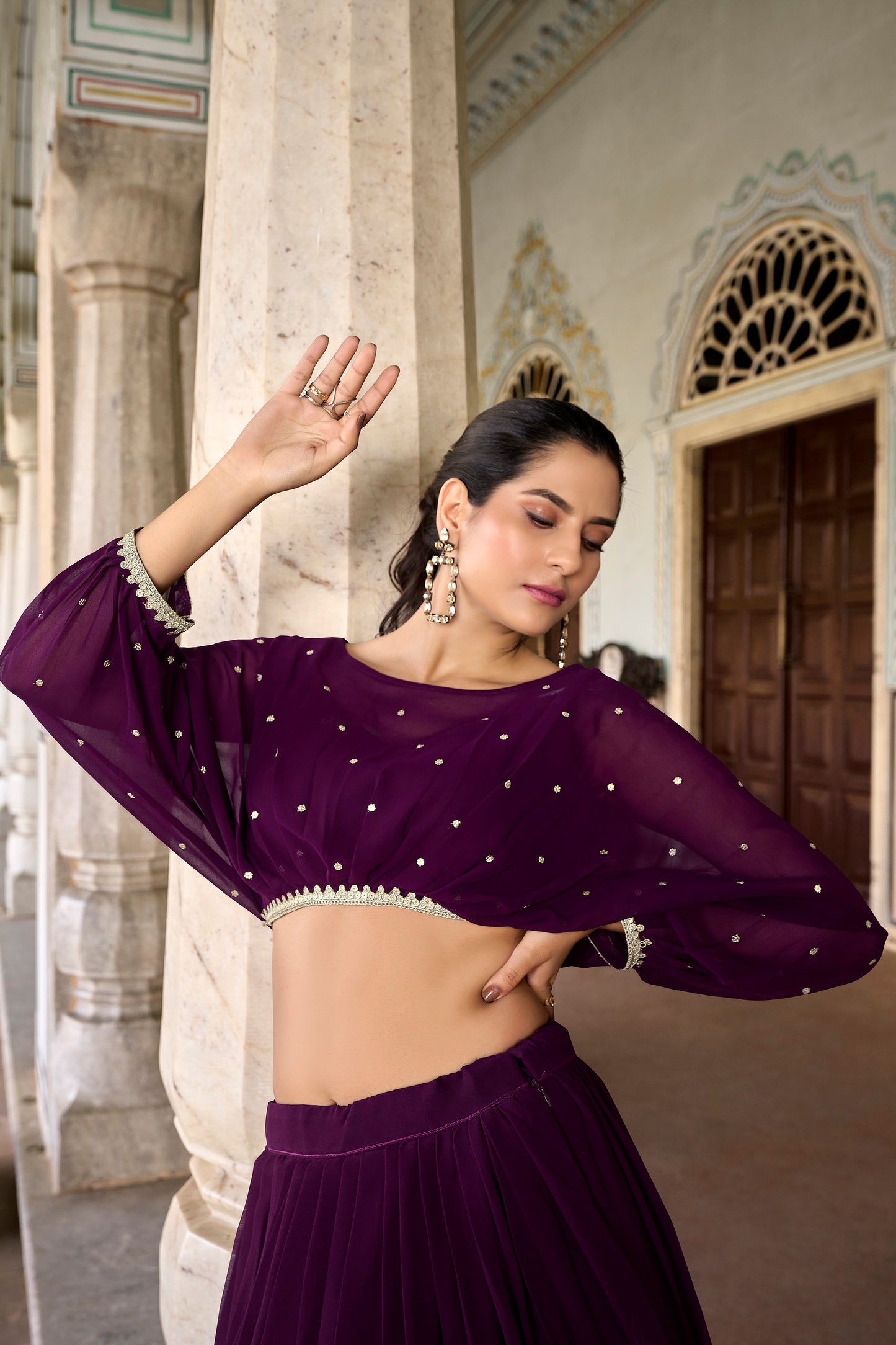 Wine Color Sequins And Thread Embroidery Work Georgette Co-ord Set Lehenga Choli