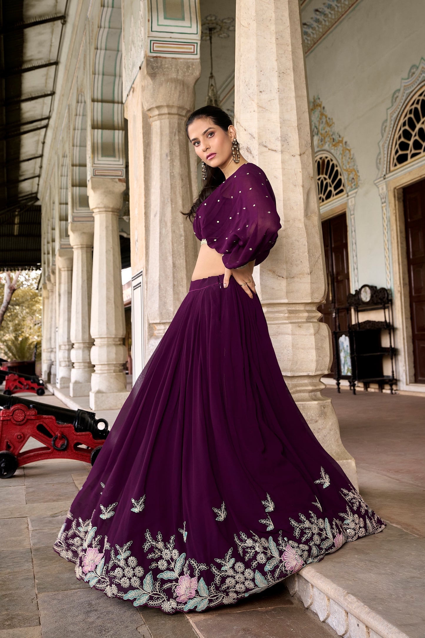 Wine Color Sequins And Thread Embroidery Work Georgette Co-ord Set Lehenga Choli