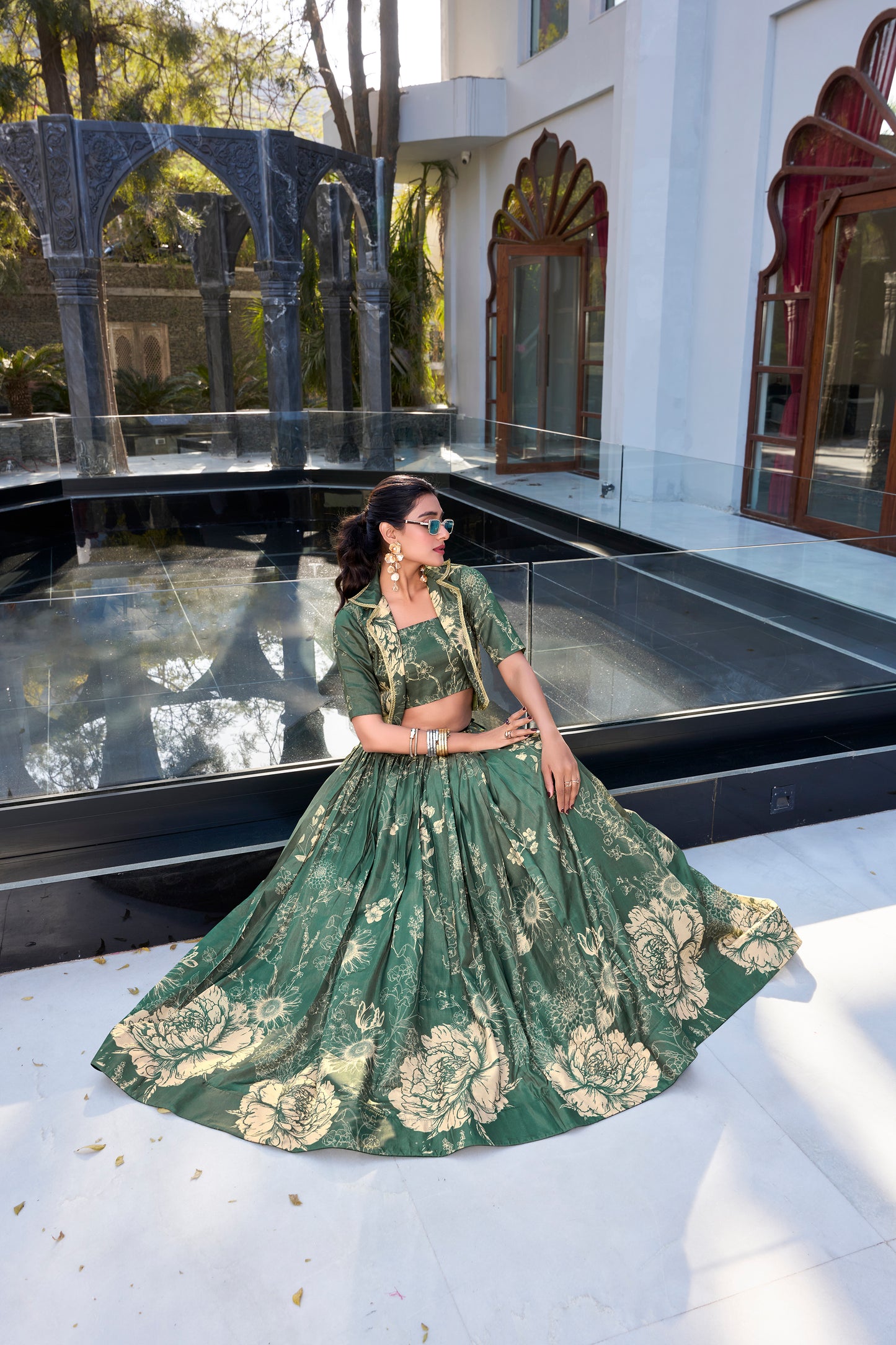 Bottle Green Floral Print Tussar Silk Co-ord Set lehenga Choli