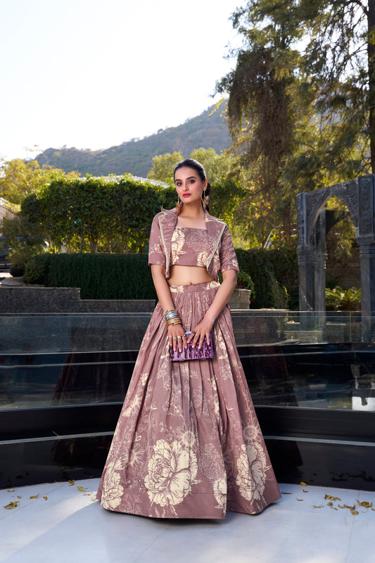 Onion Floral Print Tussar Silk Co-ord Set lehenga Choli