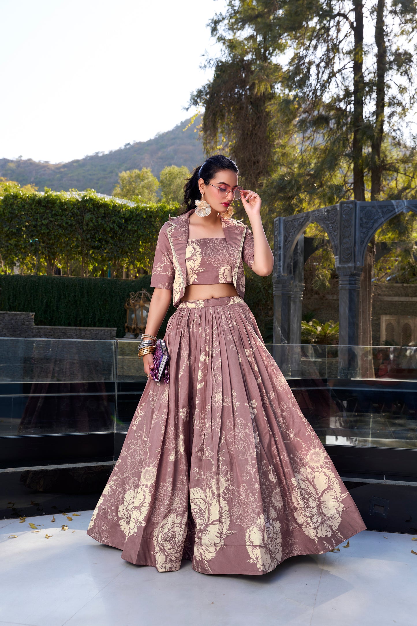 Onion Floral Print Tussar Silk Co-ord Set lehenga Choli