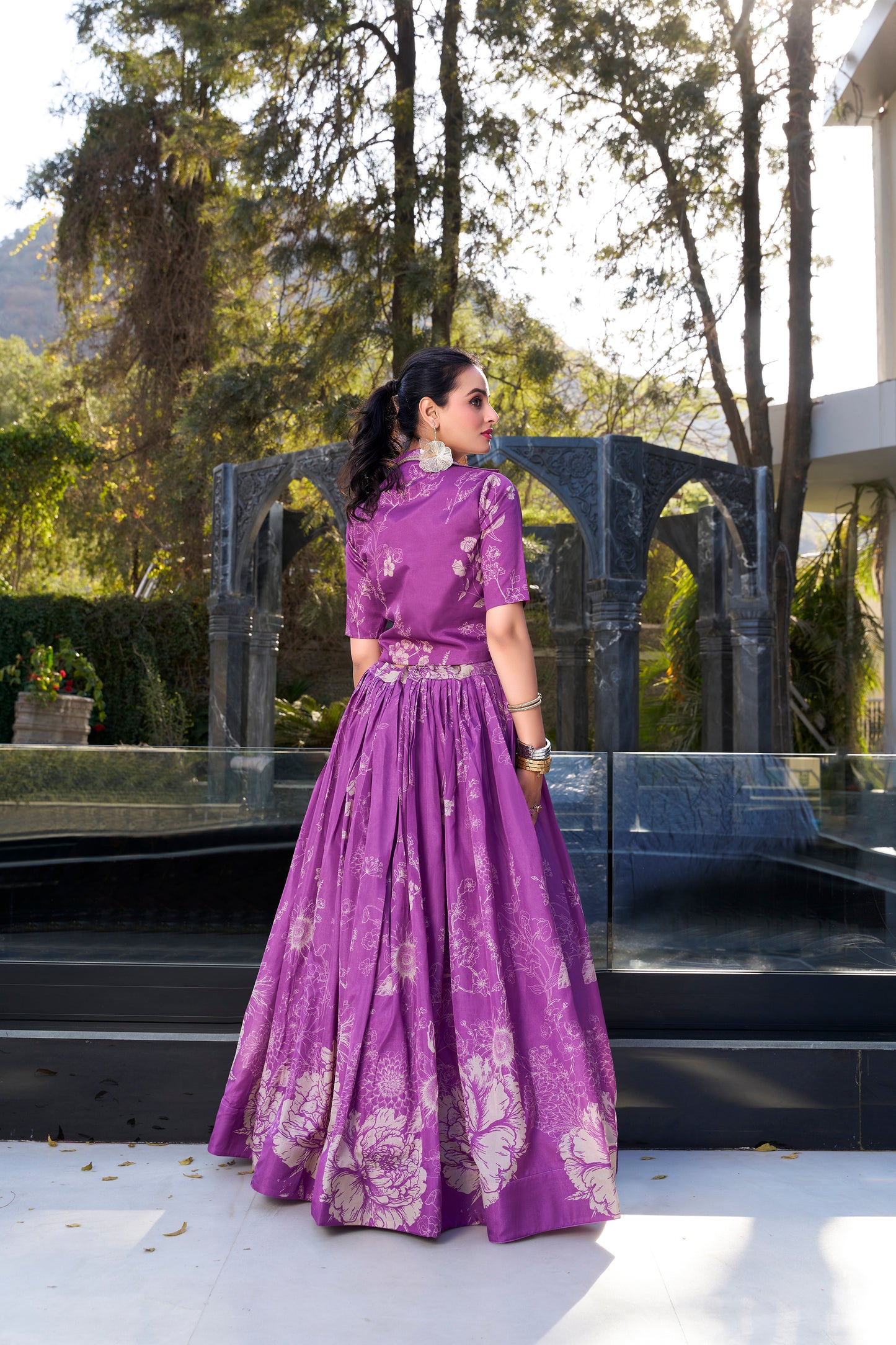 Purple Floral Print Tussar Silk Co-ord Set lehenga Choli