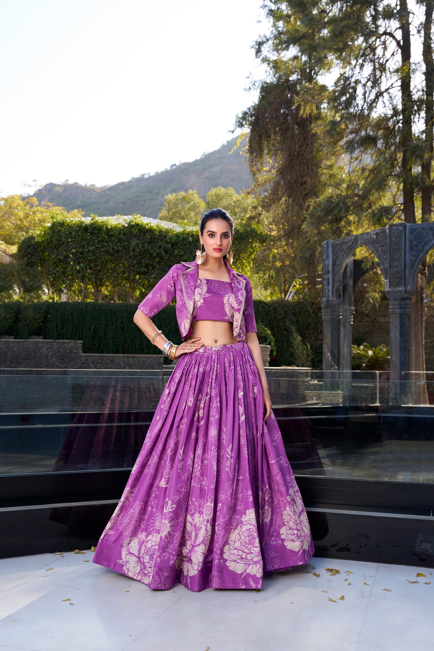 Purple Floral Print Tussar Silk Co-ord Set lehenga Choli
