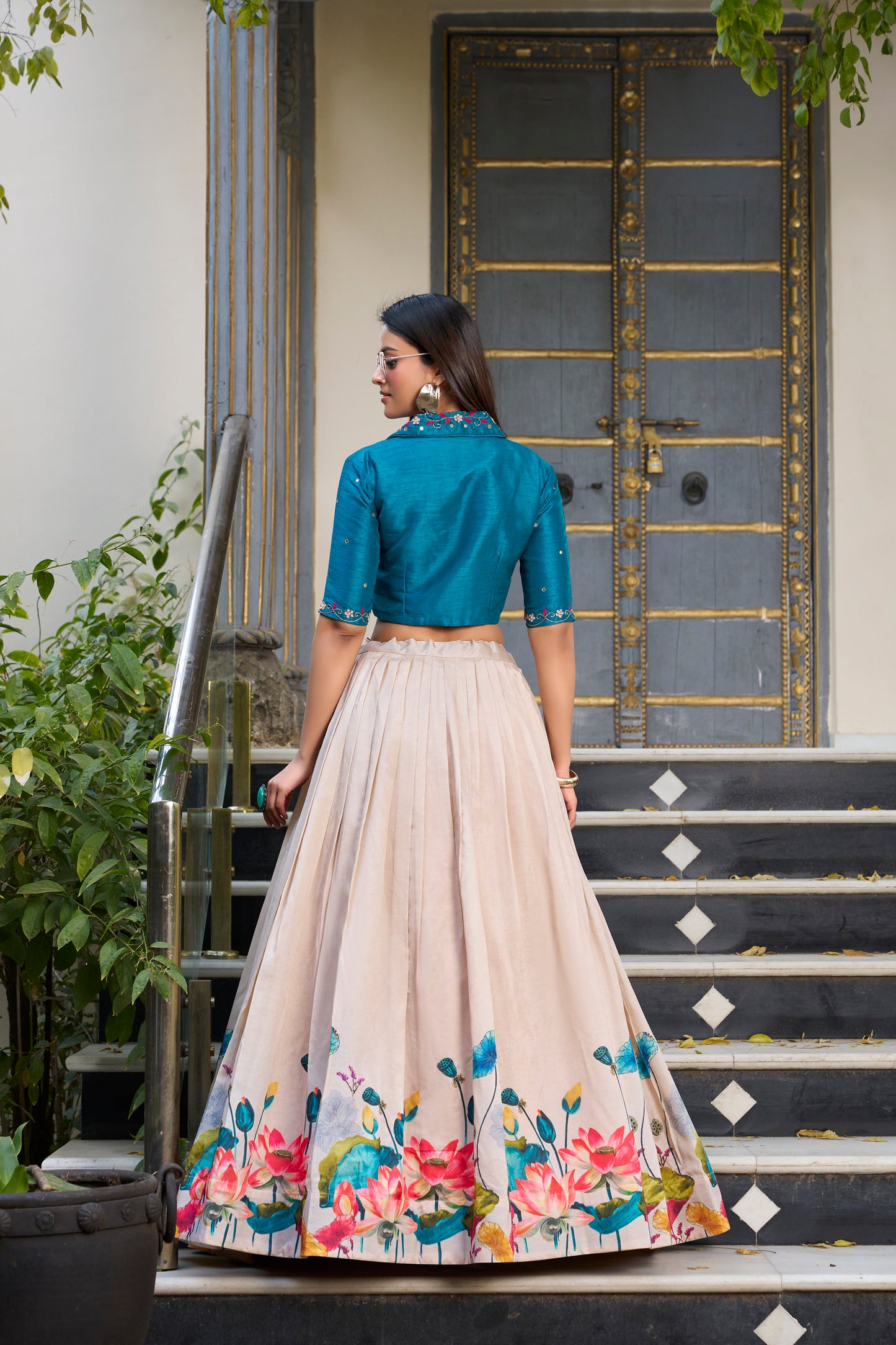 Off White Color Floral Printed Tussar Silk Co-ord Set Lehenga Choli