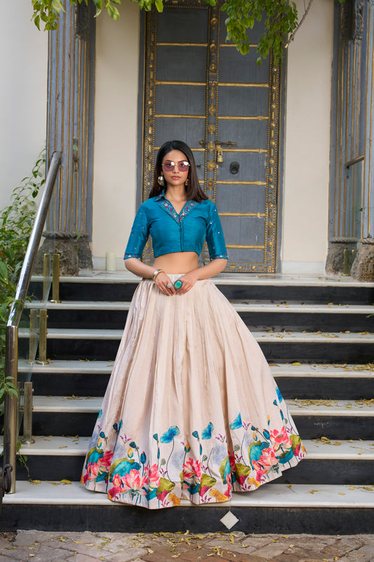 Off White Color Floral Printed Tussar Silk Co-ord Set Lehenga Choli