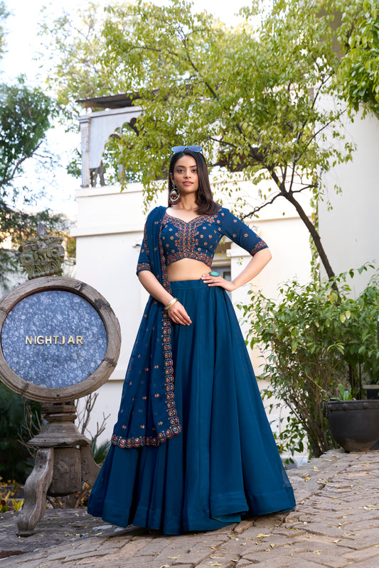 Firozi Color Plain With Sequins And Thread Embroidery Work Georgette Lehenga Choli