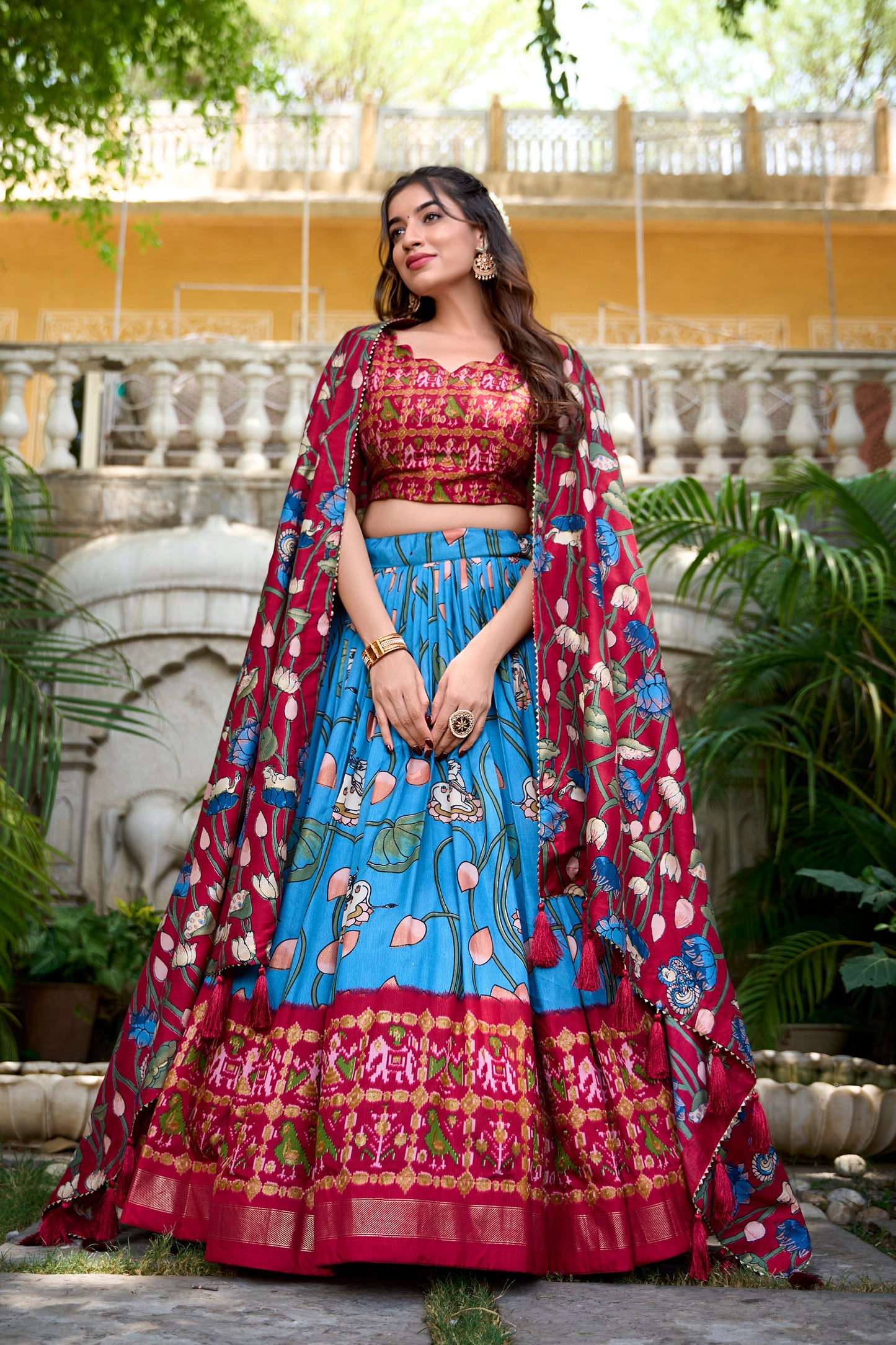 Firozi Color Pichwai With Patola Print And Zari Weaving Border Tussar Silk Voni Lehenga Choli
