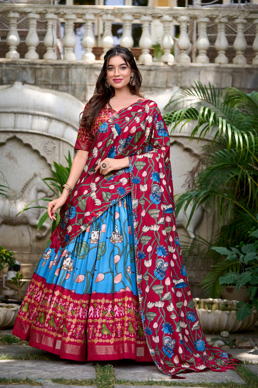Firozi Color Pichwai With Patola Print And Zari Weaving Border Tussar Silk Voni Lehenga Choli