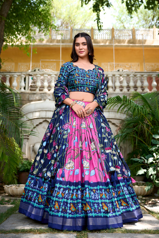Pink Color Pichwai With Patola Print And Zari Weaving Border Tussar Silk South Lehenga Choli