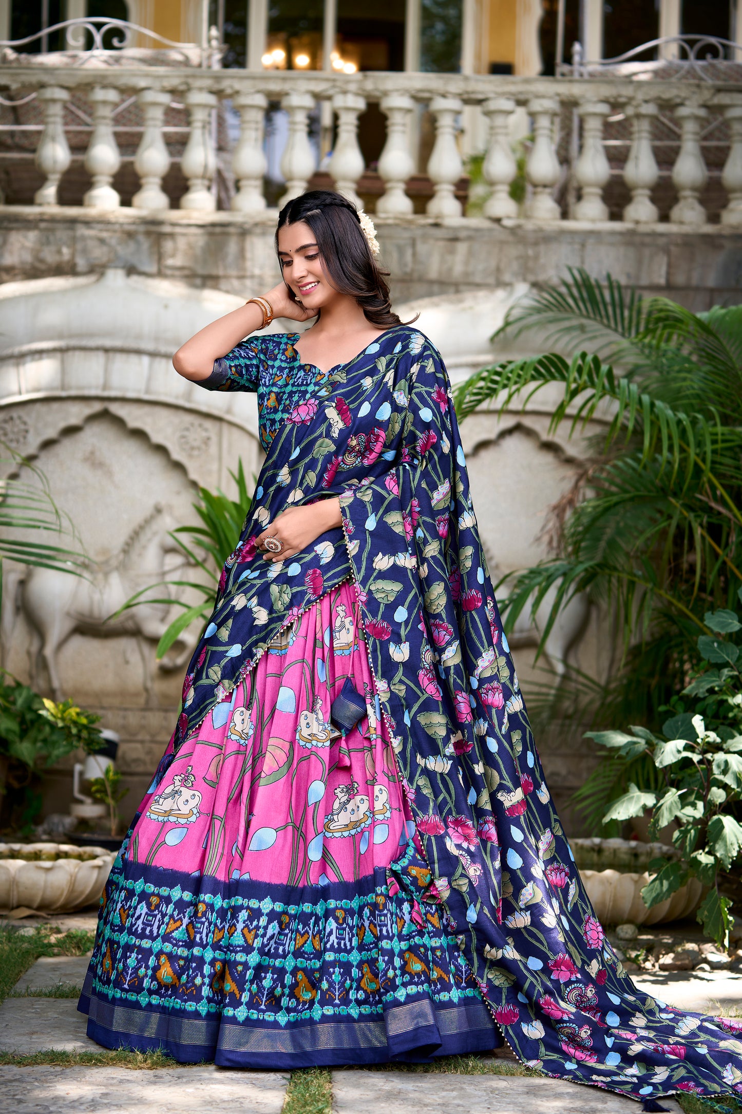 Pink Color Pichwai With Patola Print And Zari Weaving Border Tussar Silk South Lehenga Choli